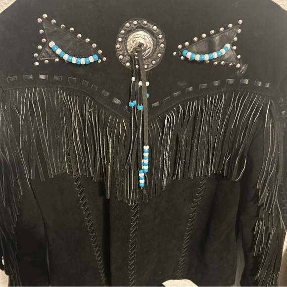 Black Suede Fringe Jacket with Beaded Accents - Picture 3 of 3